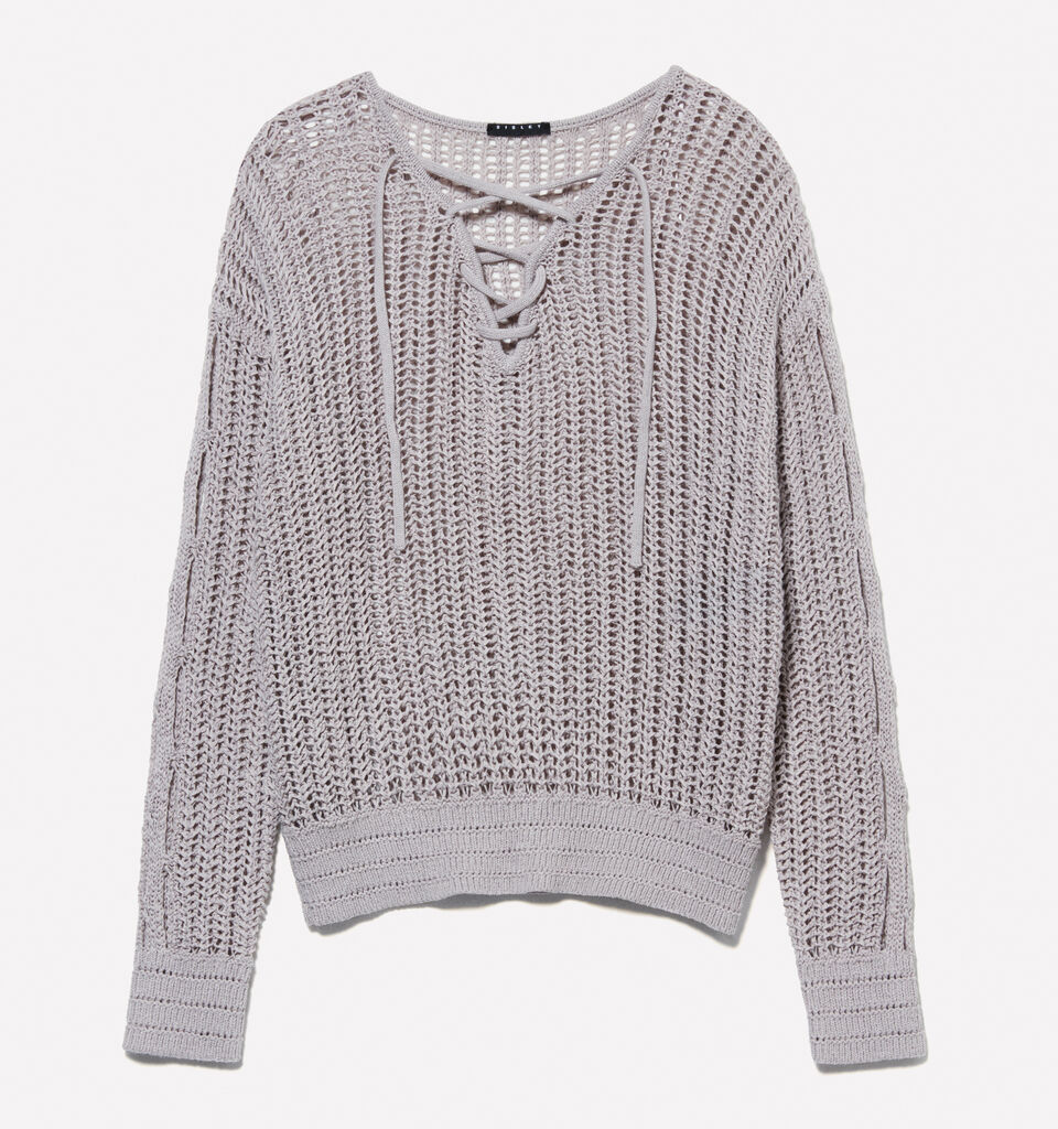 Perforated top with laces - women's v-neck sweaters - Beige | Sisley image number 6